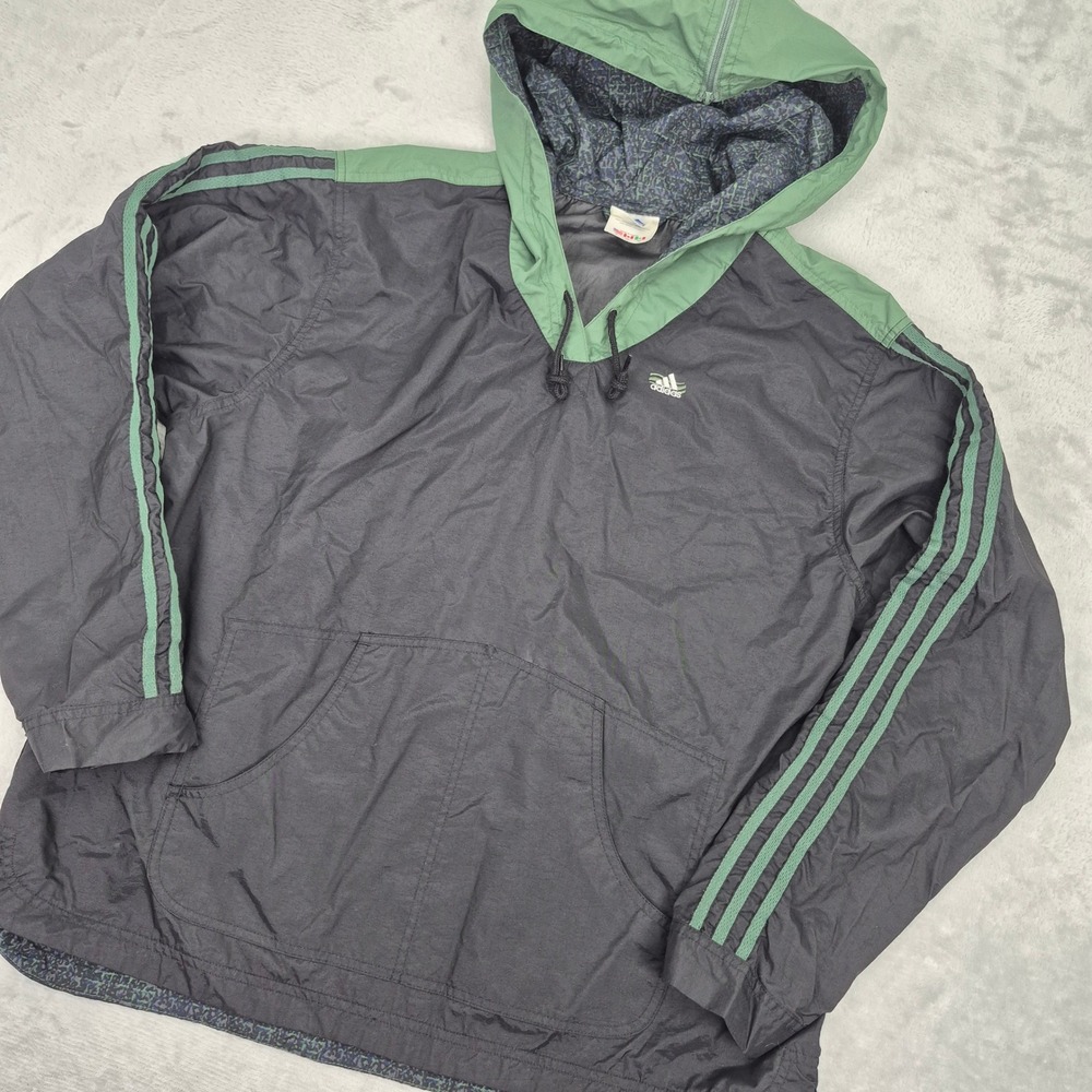 Vintage Adidas Anorak Hoodie Green Black Womens XL Lightweight Pullover Athletic